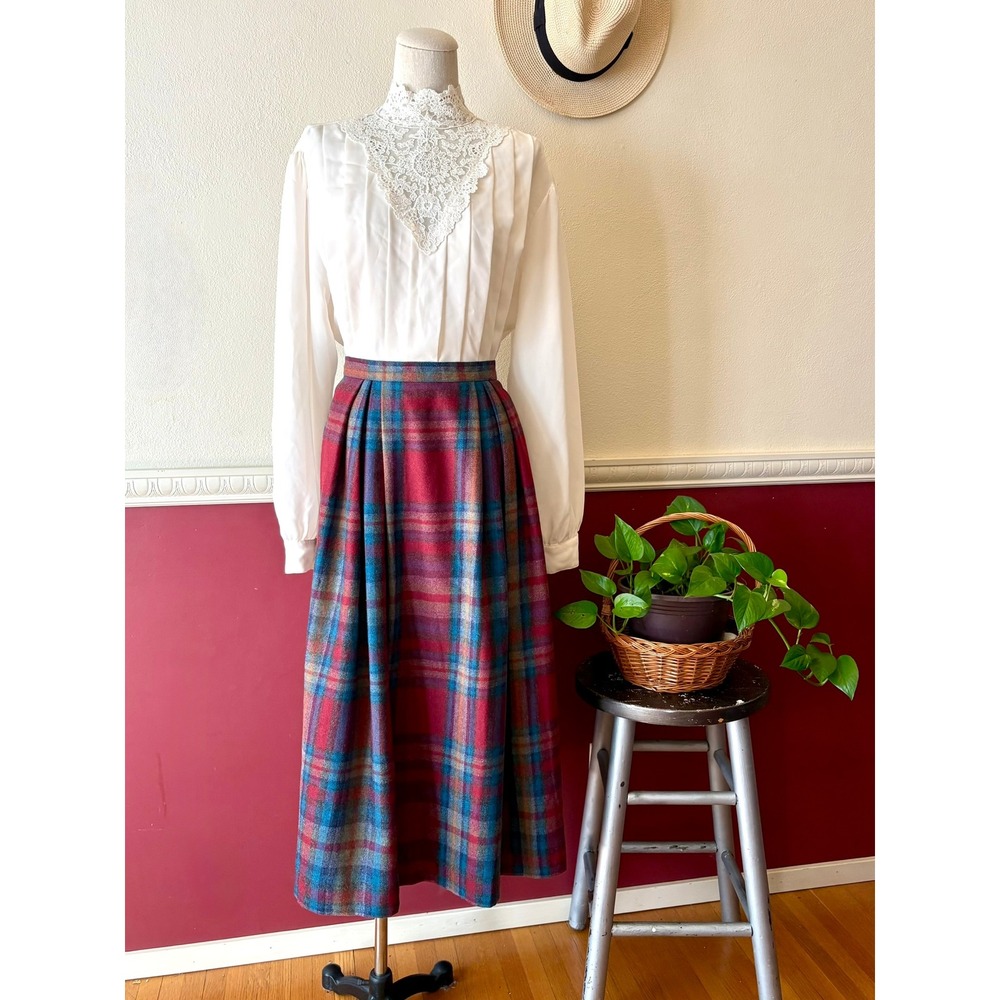 Vintage Greg Adams Plaid Wool Blend Pleated Jewel Tone Midi Skirt‎ Small Pockets